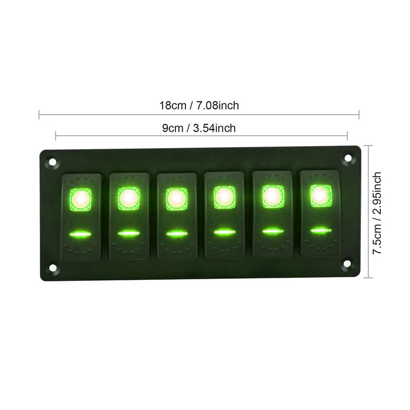 Garfour Marine Green 6 Gang Boat Switch Panel 5 Pin On/Off LED Light Aluminum Rocker Switch Panel for RV SUV Boat - Image 3